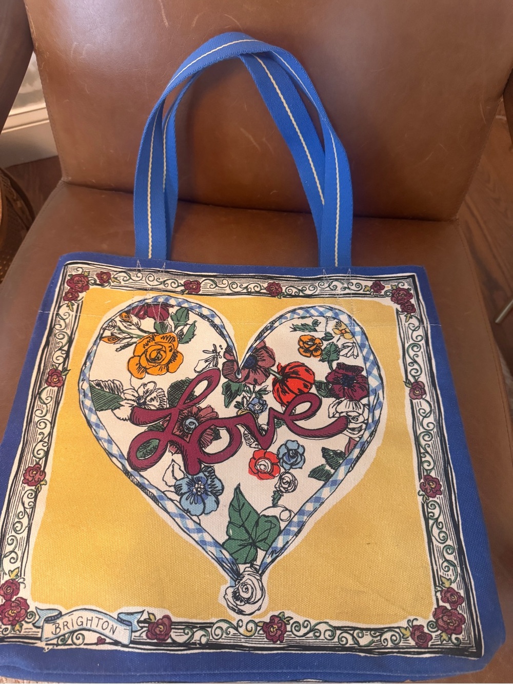 Brighton Yellow & Blue Floral Heart Tote with 'Love' Script